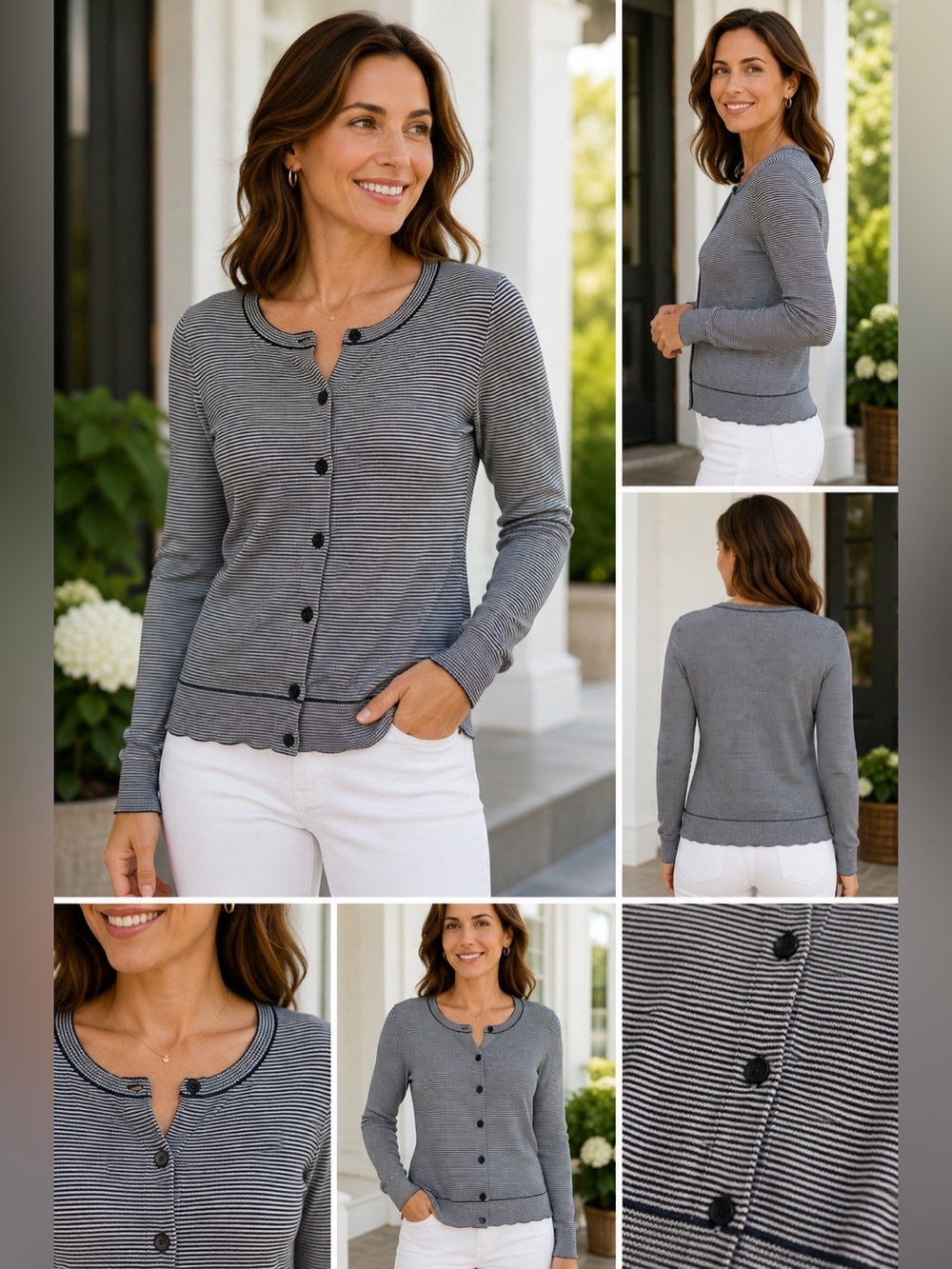 Talbots Petites MP Striped Metallic Knit Button Cardigan Black White